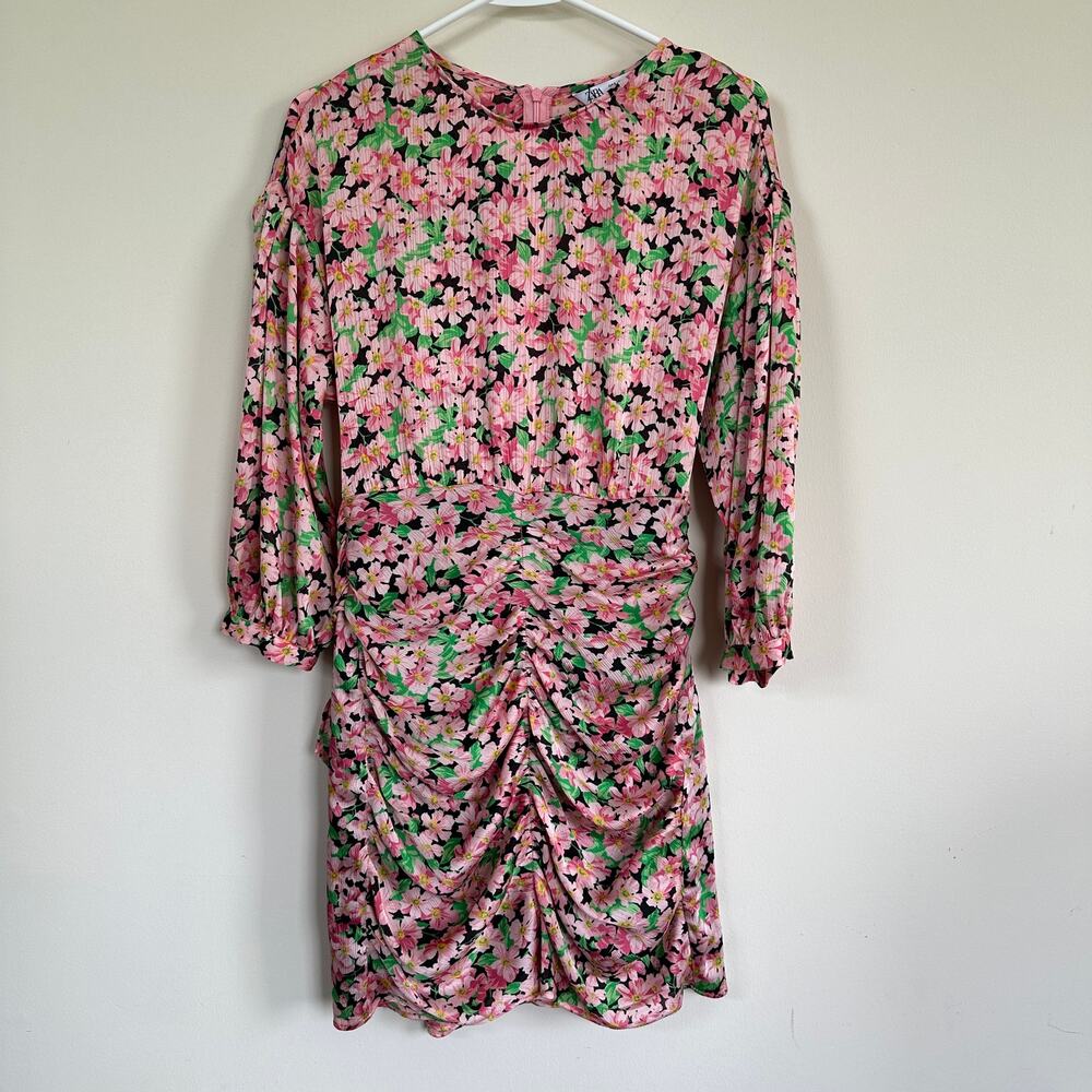 Zara Printed Dress with Draping Size SMALL Pink Floral Ruching Waist Tie Mini